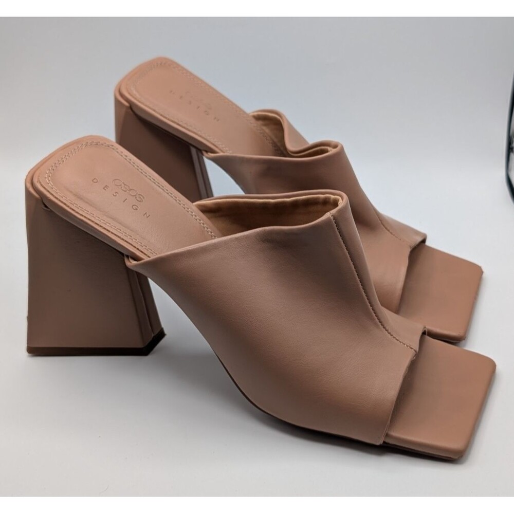 ASOS Design Beige Nude Square Toe Block Heel Slip On Mule Sandals Women 9 EU 40